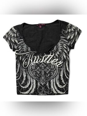 Hustler Hollywood Black fitted cropped Graphic Tee with White Script